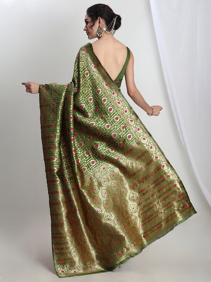 Janasya Green Silk Blend Ethnic Motifs Jacquard Saree - Distacart