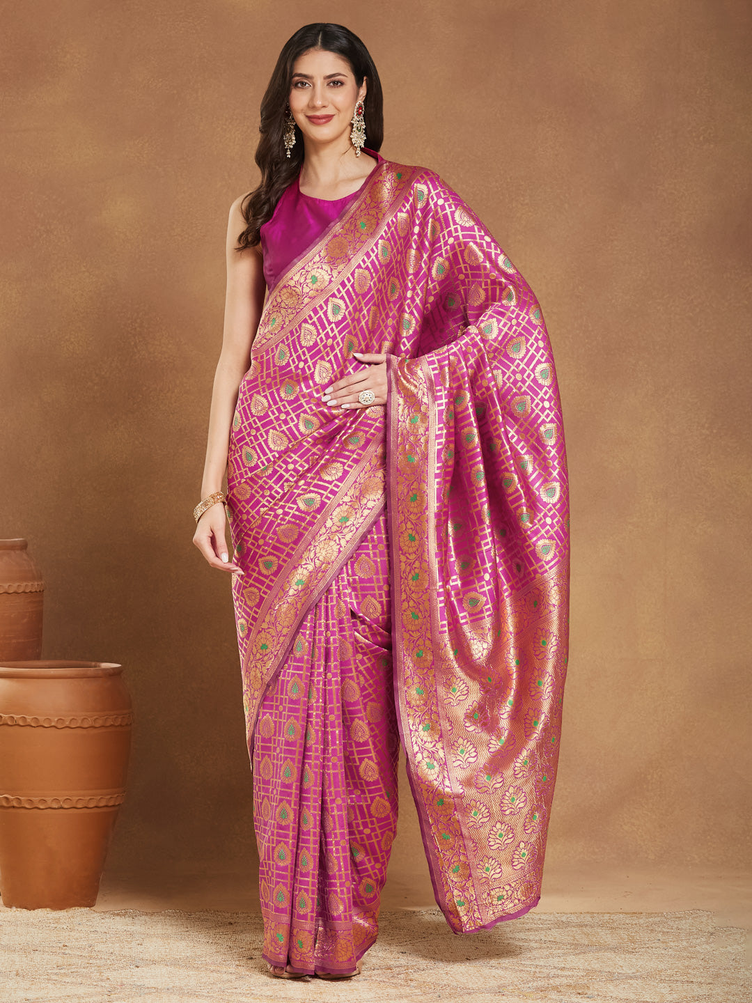 Janasya Pink Silk Blend Ethnic Motifs Jacquard Saree - Distacart