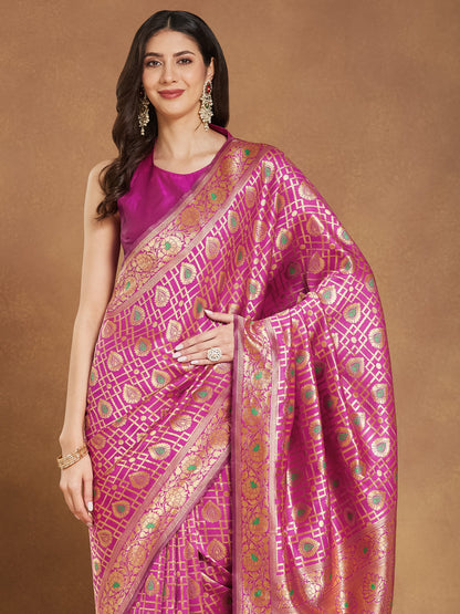 Janasya Pink Silk Blend Ethnic Motifs Jacquard Saree - Distacart