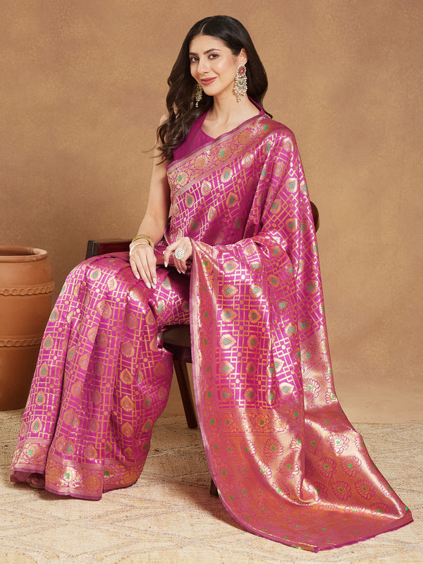 Janasya Pink Silk Blend Ethnic Motifs Jacquard Saree