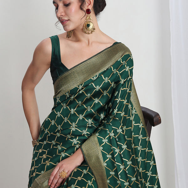 Janasya Green Silk Blend Ethnic Printed Jacquard Saree