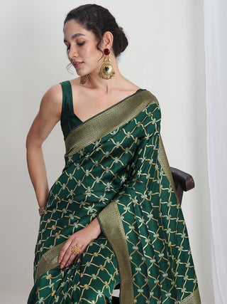 Janasya Green Silk Blend Ethnic Printed Jacquard Saree