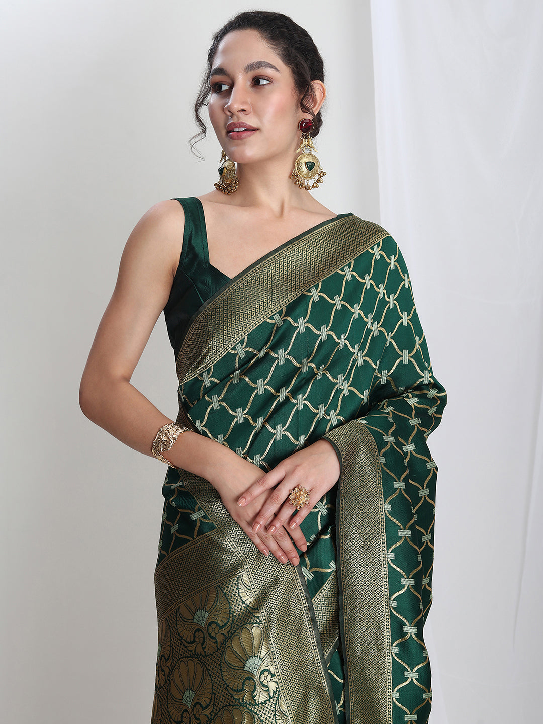 Janasya Green Silk Blend Ethnic Printed Jacquard Saree