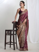 Thumbnail for Janasya Purple Silk Blend Ethnic Printed Jacquard Saree