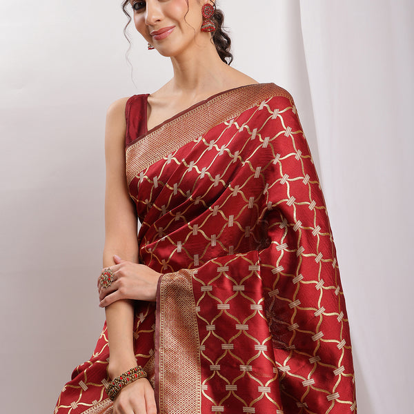 Janasya Maroon Silk Blend Ethnic Jacquard Saree