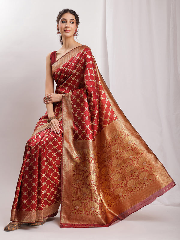 Janasya Maroon Silk Blend Ethnic Jacquard Saree