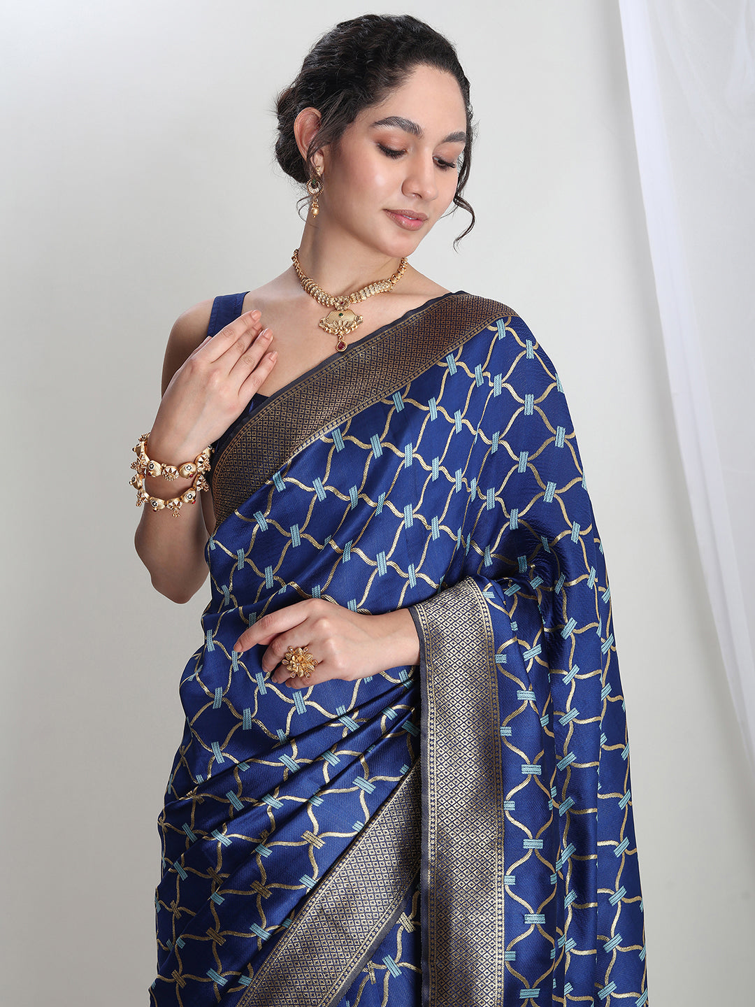Janasya Blue Silk Blend Ethnic Printed Jacquard Saree