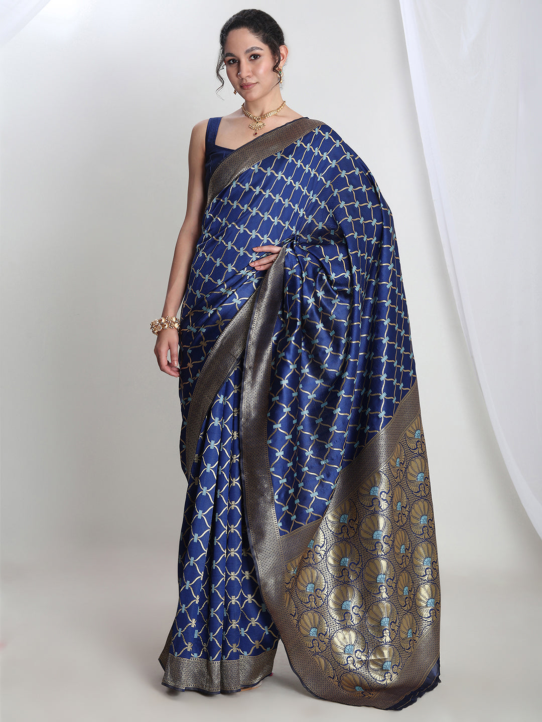 Janasya Blue Silk Blend Ethnic Printed Jacquard Saree
