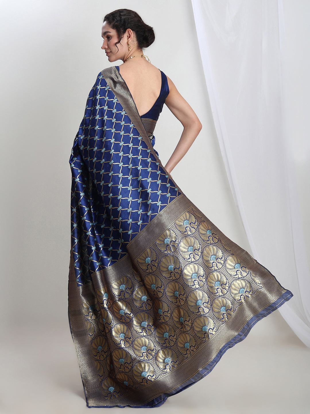 Janasya Blue Silk Blend Ethnic Printed Jacquard Saree