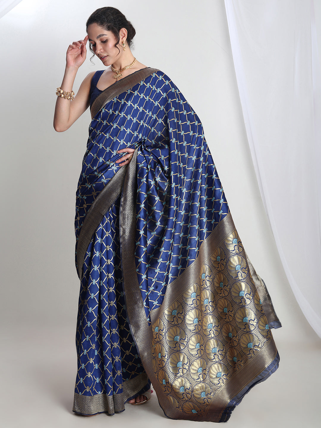 Janasya Blue Silk Blend Ethnic Printed Jacquard Saree