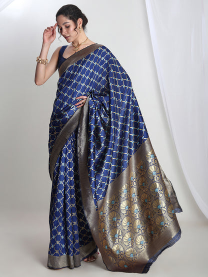 Janasya Blue Silk Blend Ethnic Printed Jacquard Saree - Distacart