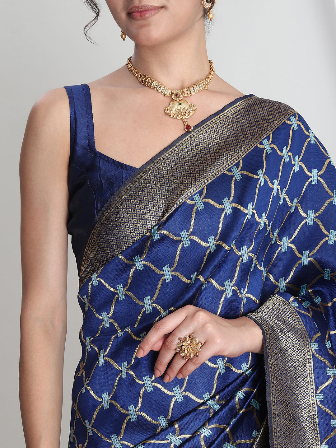 Janasya Blue Silk Blend Ethnic Printed Jacquard Saree