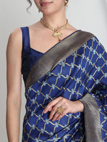 Thumbnail for Janasya Blue Silk Blend Ethnic Printed Jacquard Saree