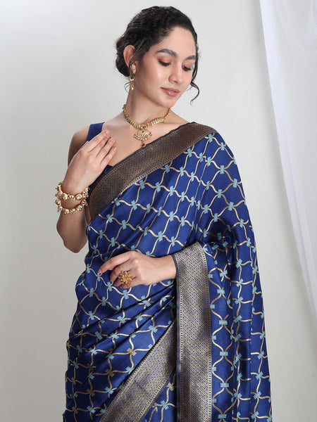 Janasya Blue Silk Blend Ethnic Printed Jacquard Saree