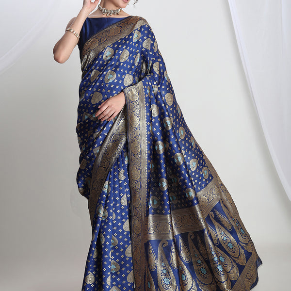 Janasya Blue Silk Blend Ethnic Motifs Jacquard Saree