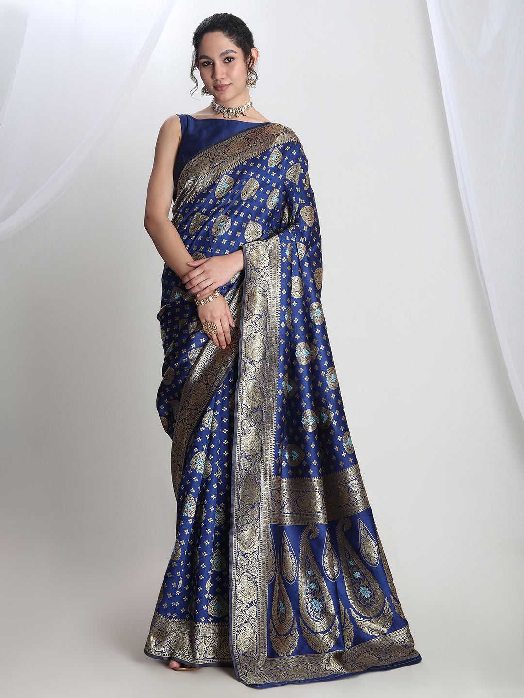 Janasya Blue Silk Blend Ethnic Motifs Jacquard Saree