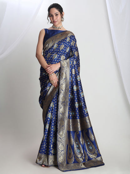 Janasya Blue Silk Blend Ethnic Motifs Jacquard Saree - Distacart