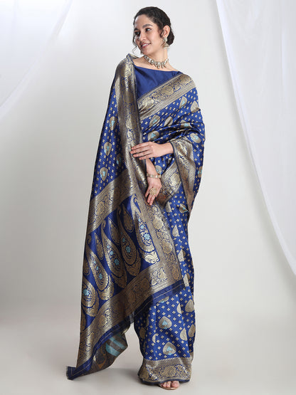Janasya Blue Silk Blend Ethnic Motifs Jacquard Saree - Distacart