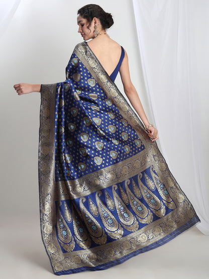 Janasya Blue Silk Blend Ethnic Motifs Jacquard Saree - Distacart