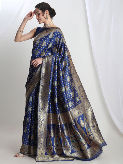 Janasya Blue Silk Blend Ethnic Motifs Jacquard Saree - Distacart