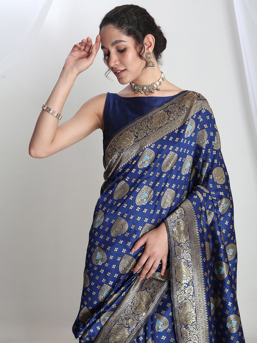 Janasya Blue Silk Blend Ethnic Motifs Jacquard Saree