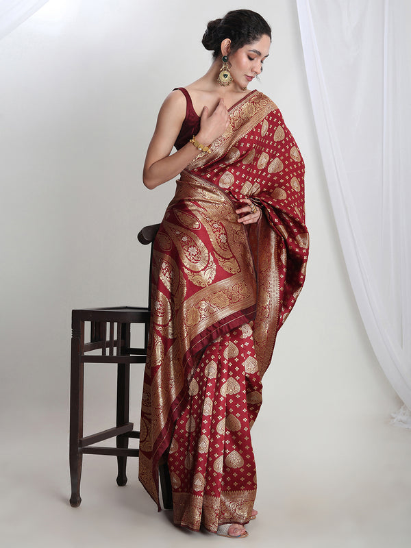 Janasya Maroon Silk Blend Ethnic Motifs Jacquard Saree