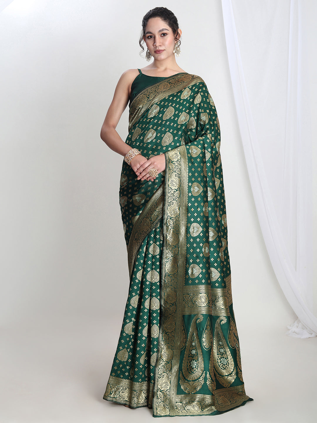 Janasya Green Silk Blend Ethnic Motifs Jacquard Saree