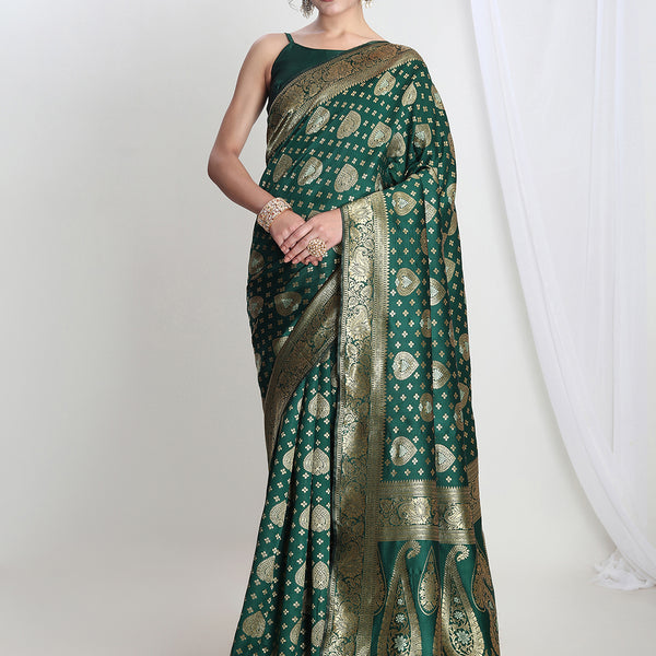 Janasya Green Silk Blend Ethnic Motifs Jacquard Saree