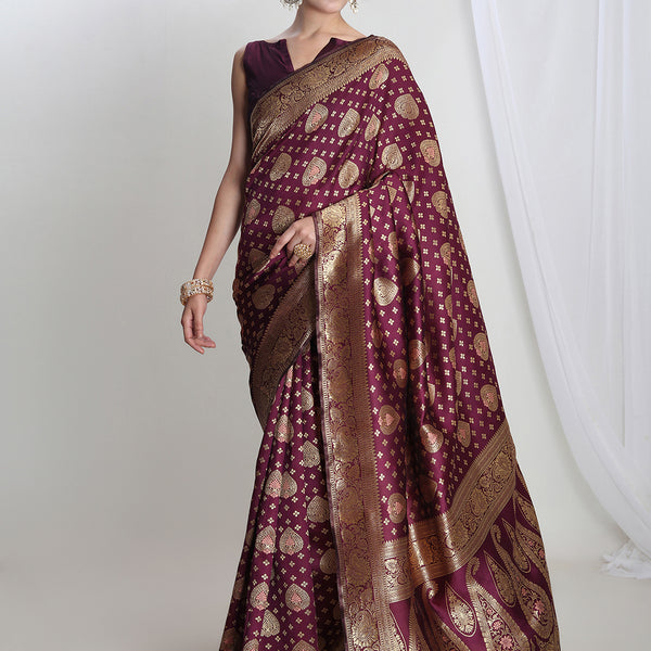 Janasya Purple Silk Blend Ethnic Motifs Jacquard Saree