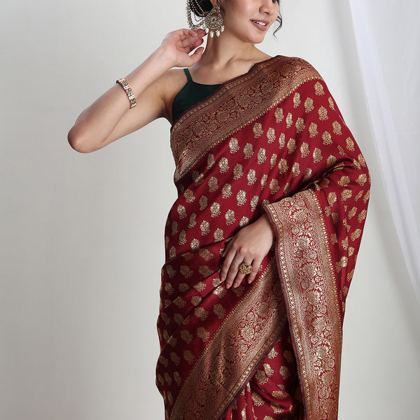 Janasya Maroon Silk Blend Ethnic Motifs Jacquard Saree - Distacart