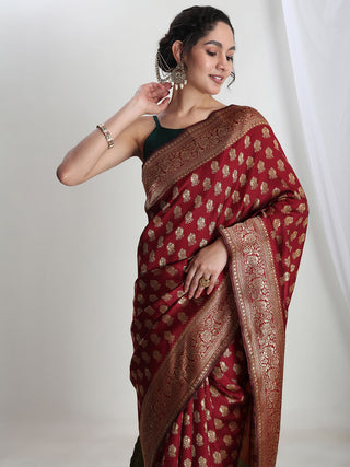 Janasya Maroon Silk Blend Ethnic Motifs Jacquard Saree
