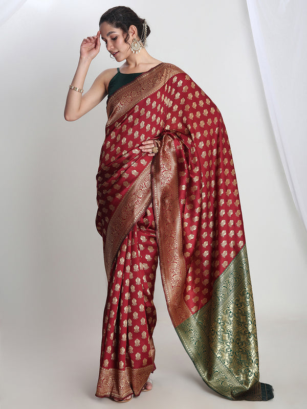 Janasya Maroon Silk Blend Ethnic Motifs Jacquard Saree