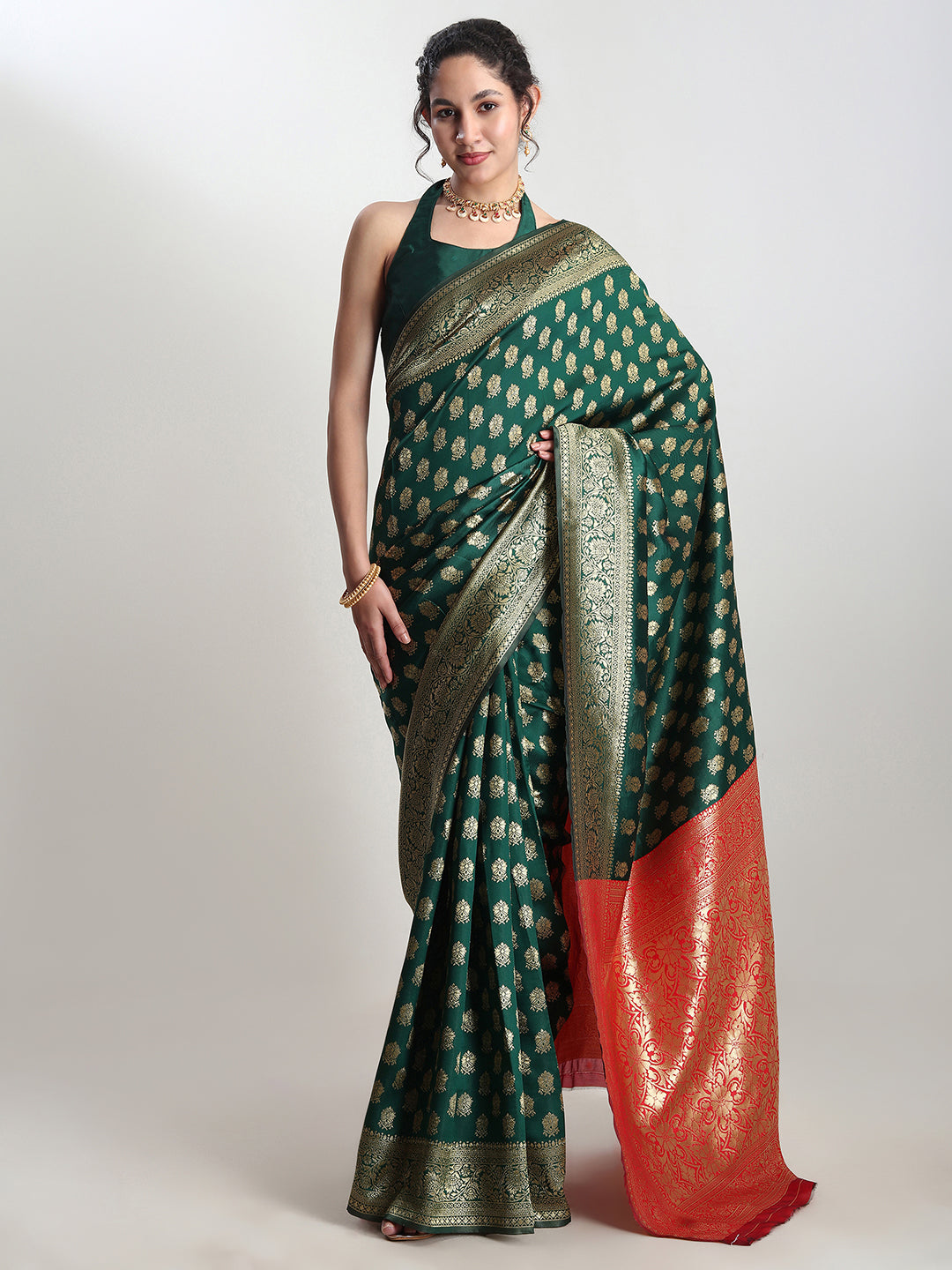 Janasya Dark Green Silk Blend Ethnic Motifs Jacquard Saree