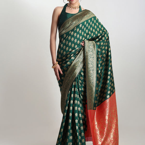 Janasya Dark Green Silk Blend Ethnic Motifs Jacquard Saree - Distacart