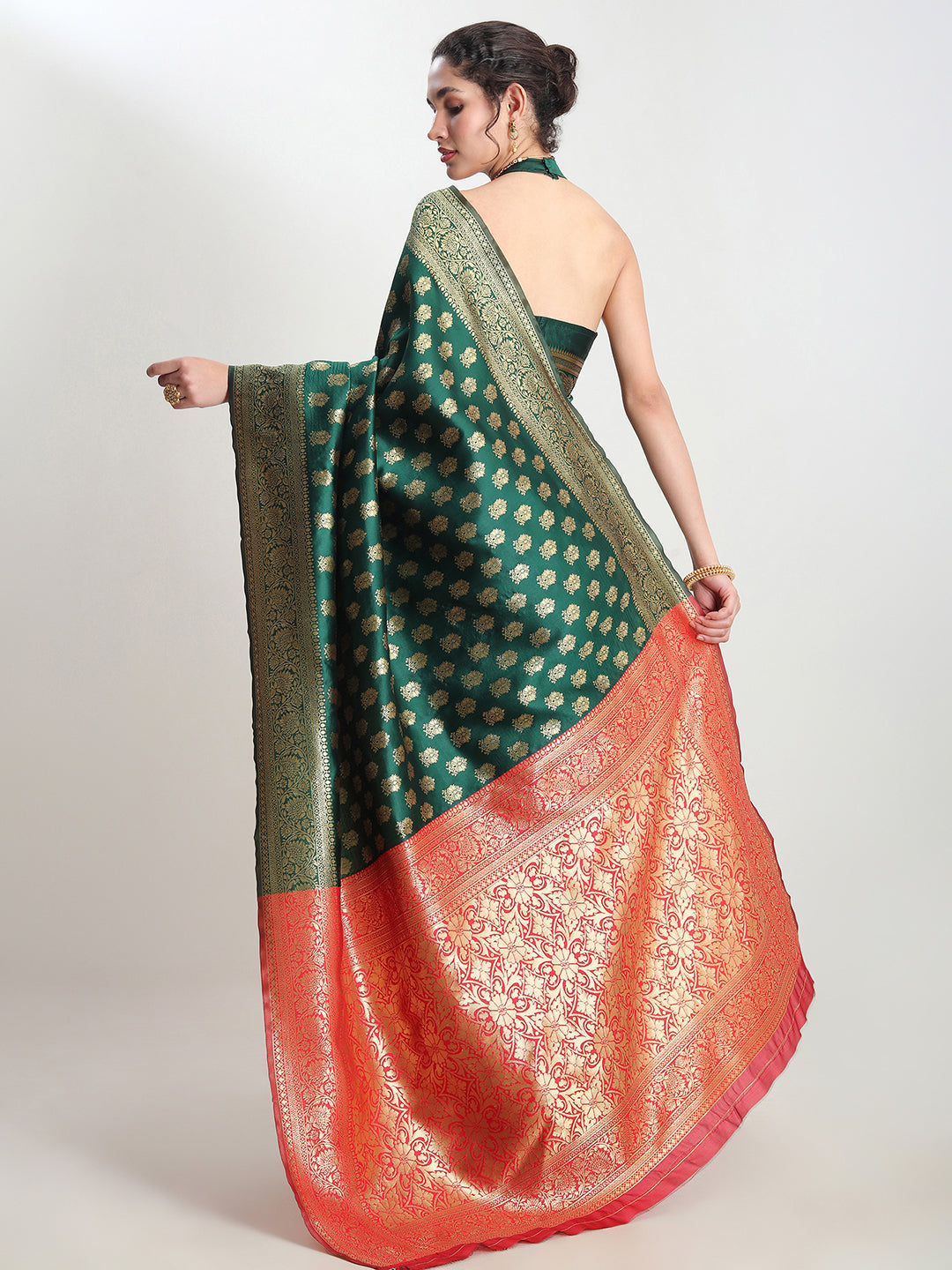 Janasya Dark Green Silk Blend Ethnic Motifs Jacquard Saree