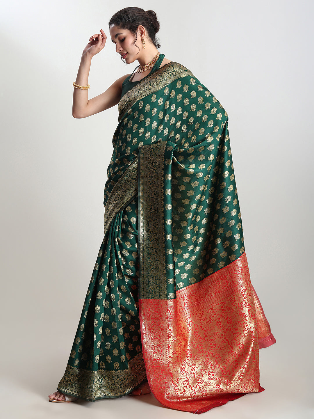 Janasya Dark Green Silk Blend Ethnic Motifs Jacquard Saree
