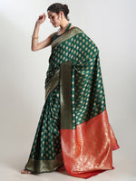 Thumbnail for Janasya Dark Green Silk Blend Ethnic Motifs Jacquard Saree