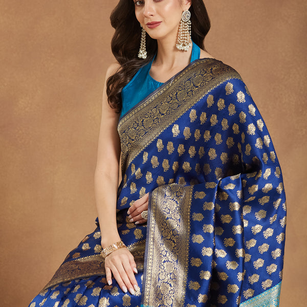 Janasya Blue Silk Blend Ethnic Motifs Banarasi Jacquard Saree - Distacart