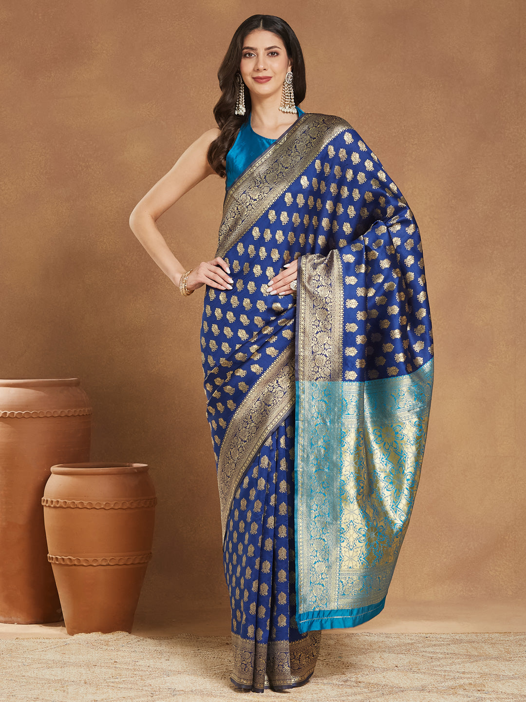 Janasya Blue Silk Blend Ethnic Motifs Banarasi Jacquard Saree