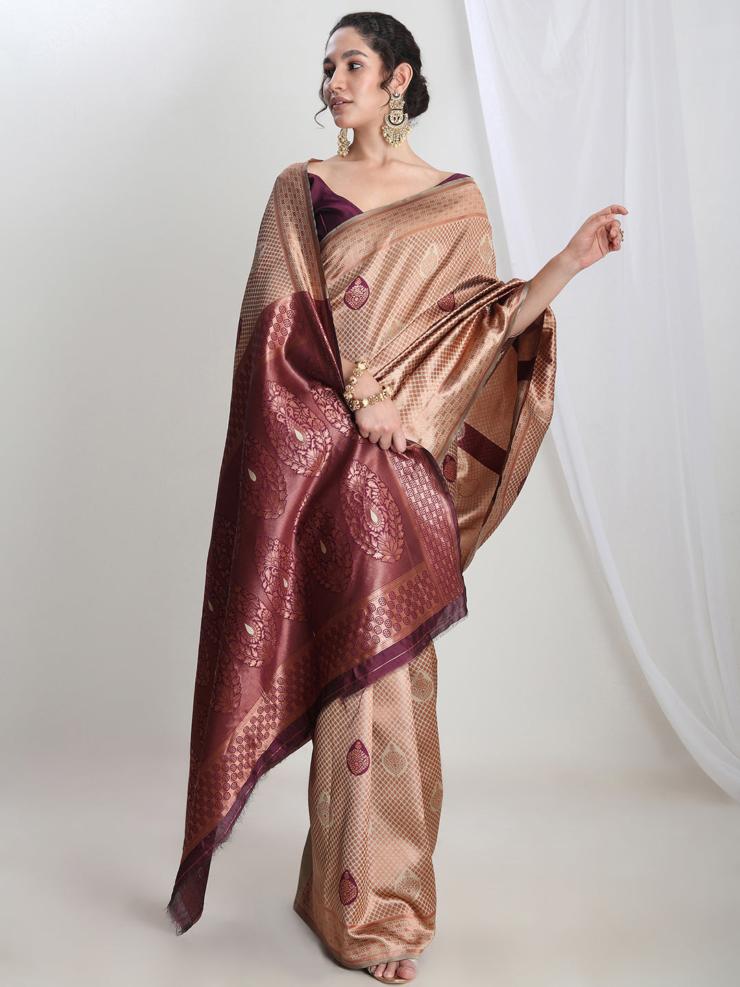 Janasya Beige Silk Blend Ethnic Printed Jacquard Saree