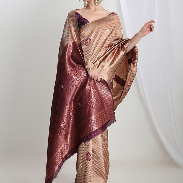 Janasya Beige Silk Blend Ethnic Printed Jacquard Saree