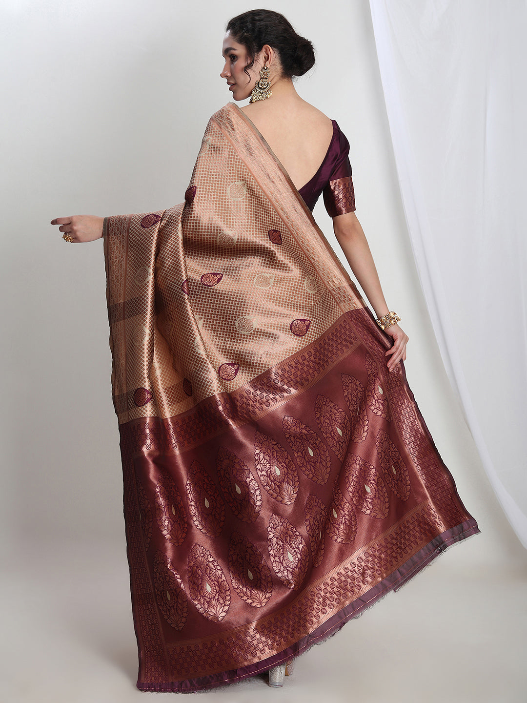 Janasya Beige Silk Blend Ethnic Printed Jacquard Saree