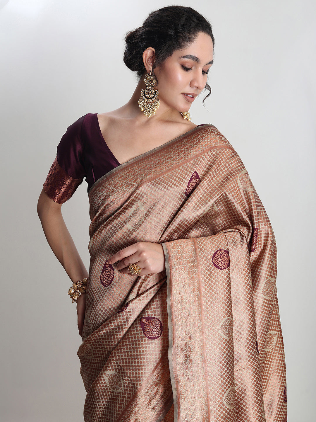 Janasya Beige Silk Blend Ethnic Printed Jacquard Saree