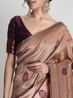 Thumbnail for Janasya Beige Silk Blend Ethnic Printed Jacquard Saree