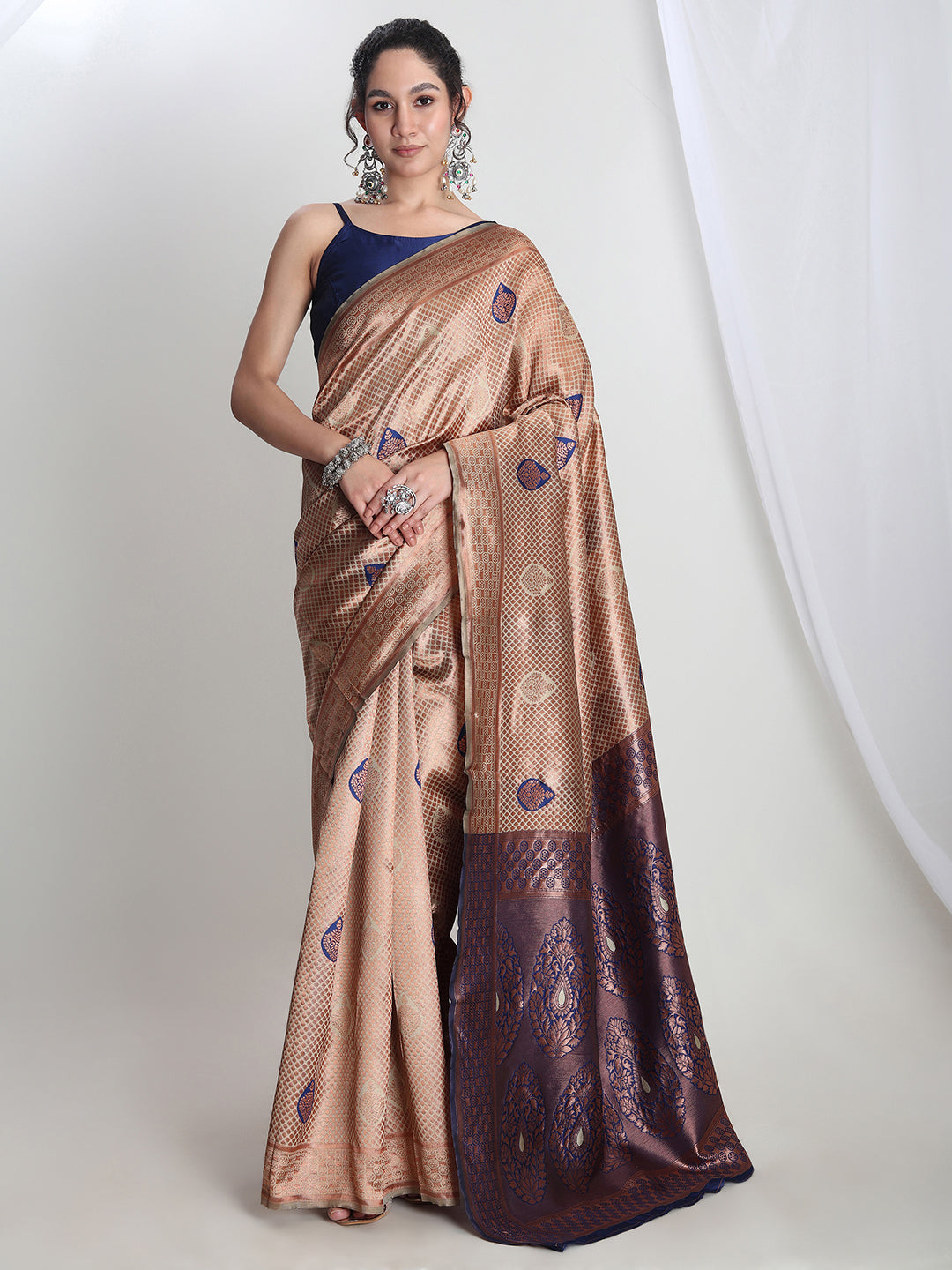 Janasya Beige Silk Blend Ethnic Printed Jacquard Saree