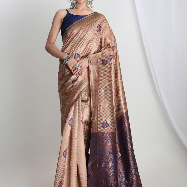 Janasya Beige Silk Blend Ethnic Printed Jacquard Saree