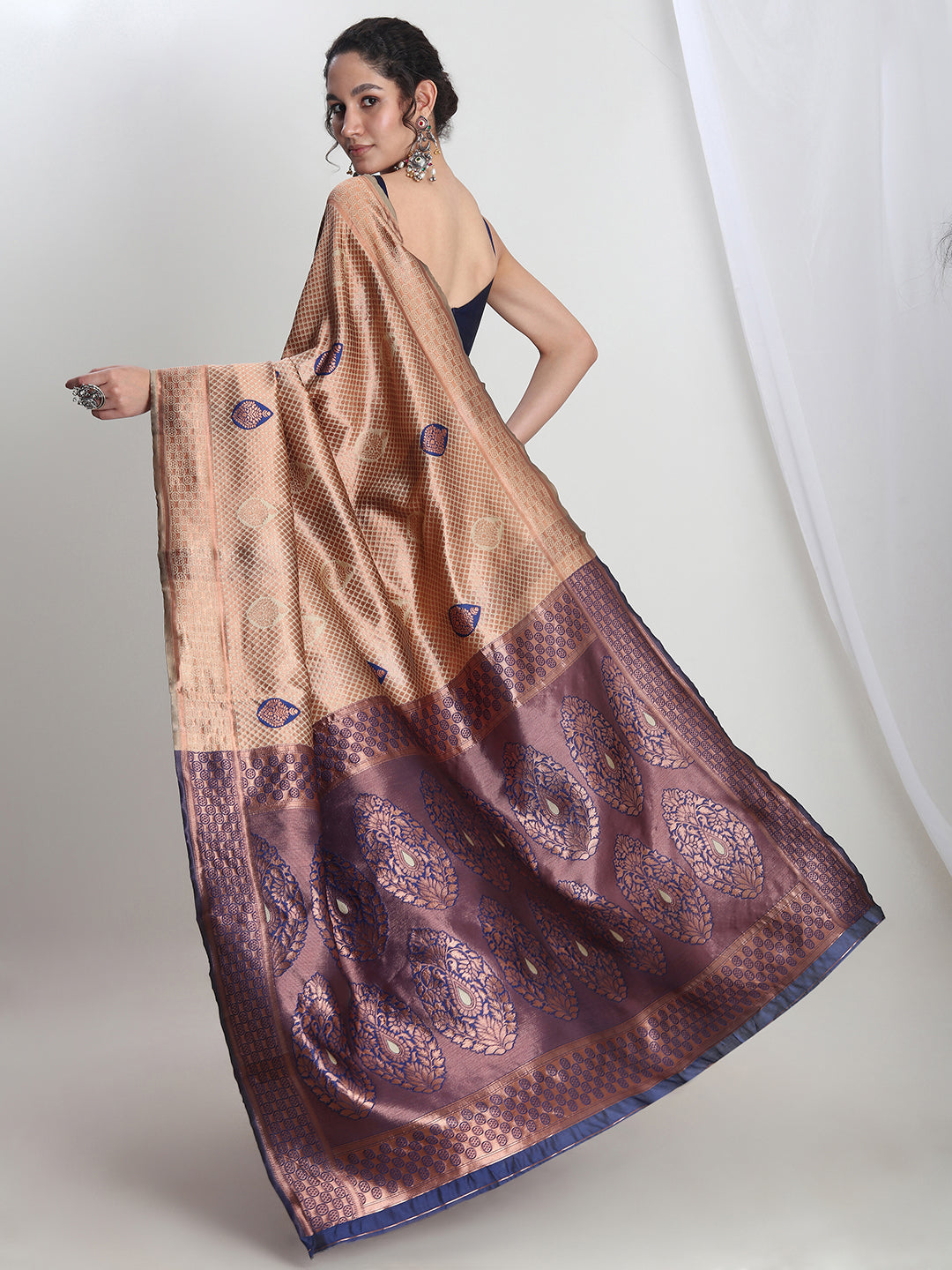 Janasya Beige Silk Blend Ethnic Printed Jacquard Saree