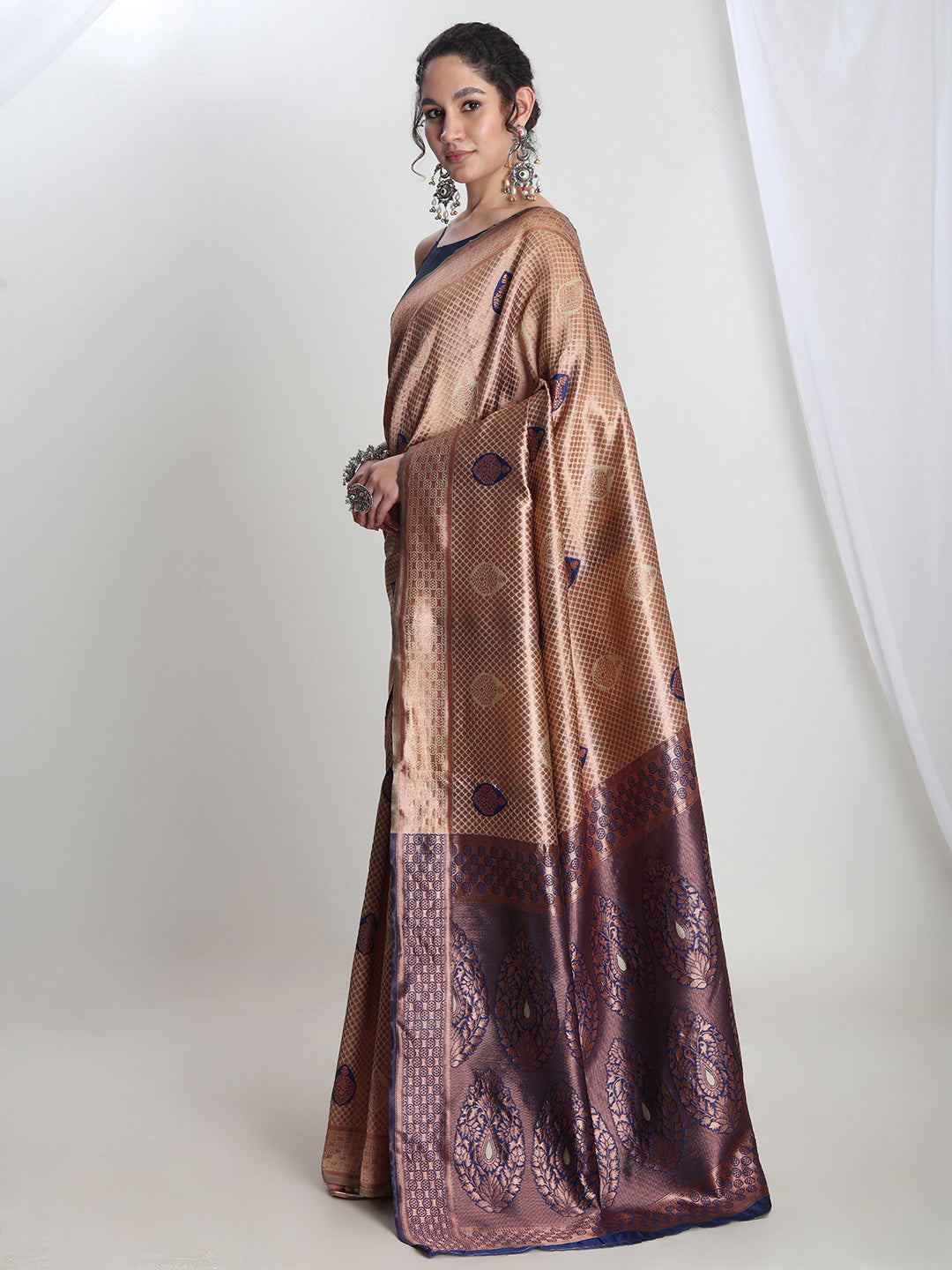 Janasya Beige Silk Blend Ethnic Printed Jacquard Saree