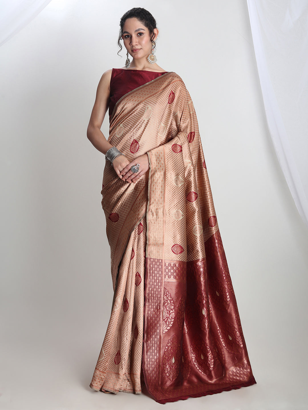 Janasya Beige Silk Blend Ethnic Printed Jacquard Saree