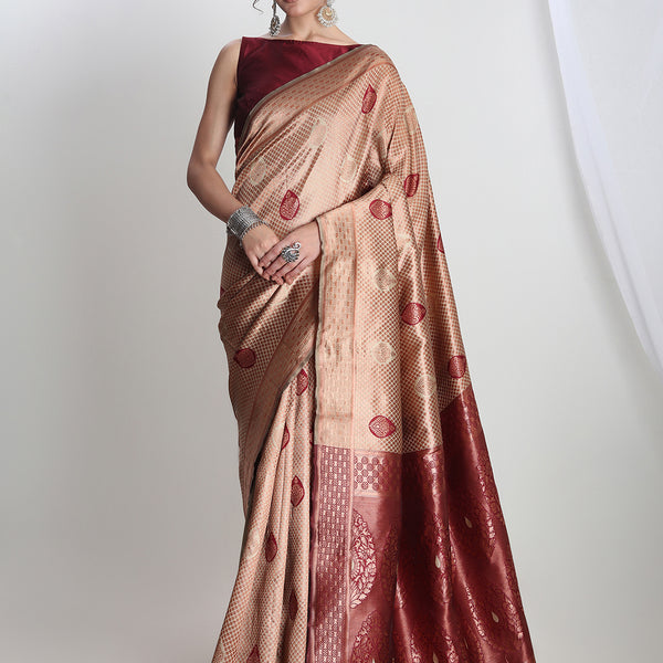 Janasya Beige Silk Blend Ethnic Printed Jacquard Saree
